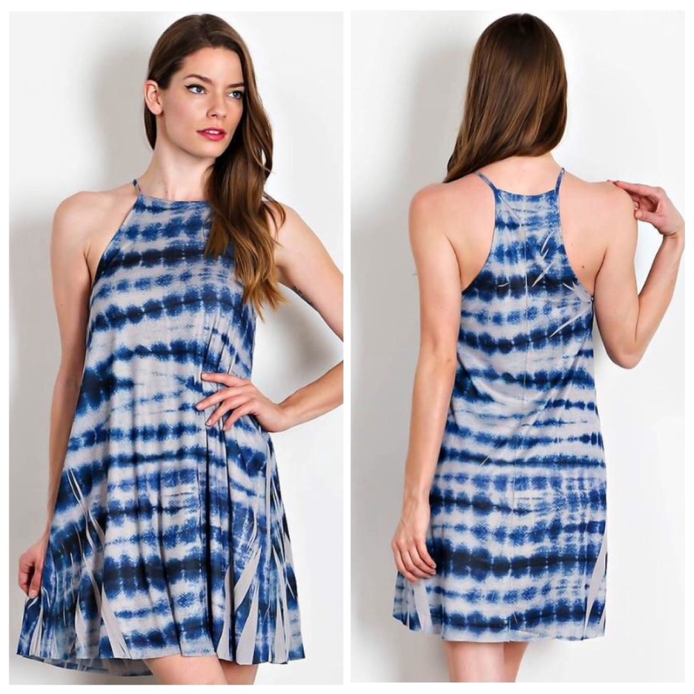 Indigo Tie-Dye Blue Distressed Hi Lo Halter Dress